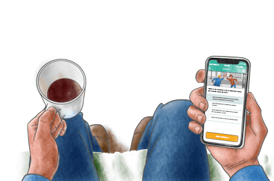 Man drinking coffee, with Yarno on his mobile phone