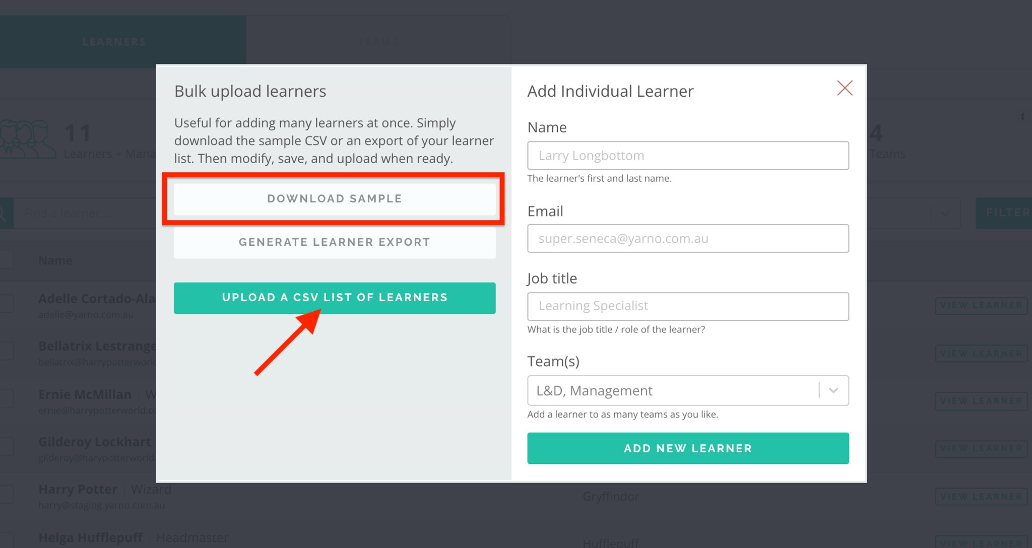 Using the bulk upload learner feature