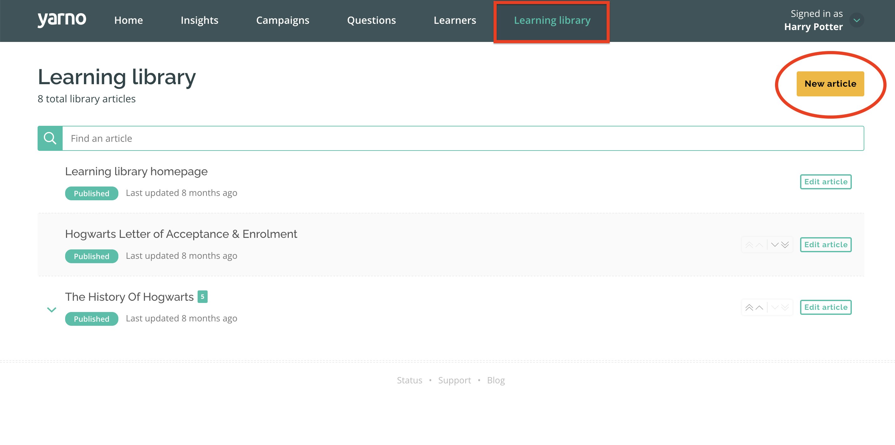 Screenshot of Learning Library page in Admin Portal circling "New Article"