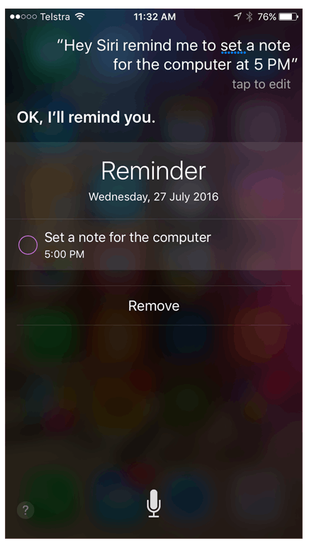 A screenshot of a reminded set using Siri