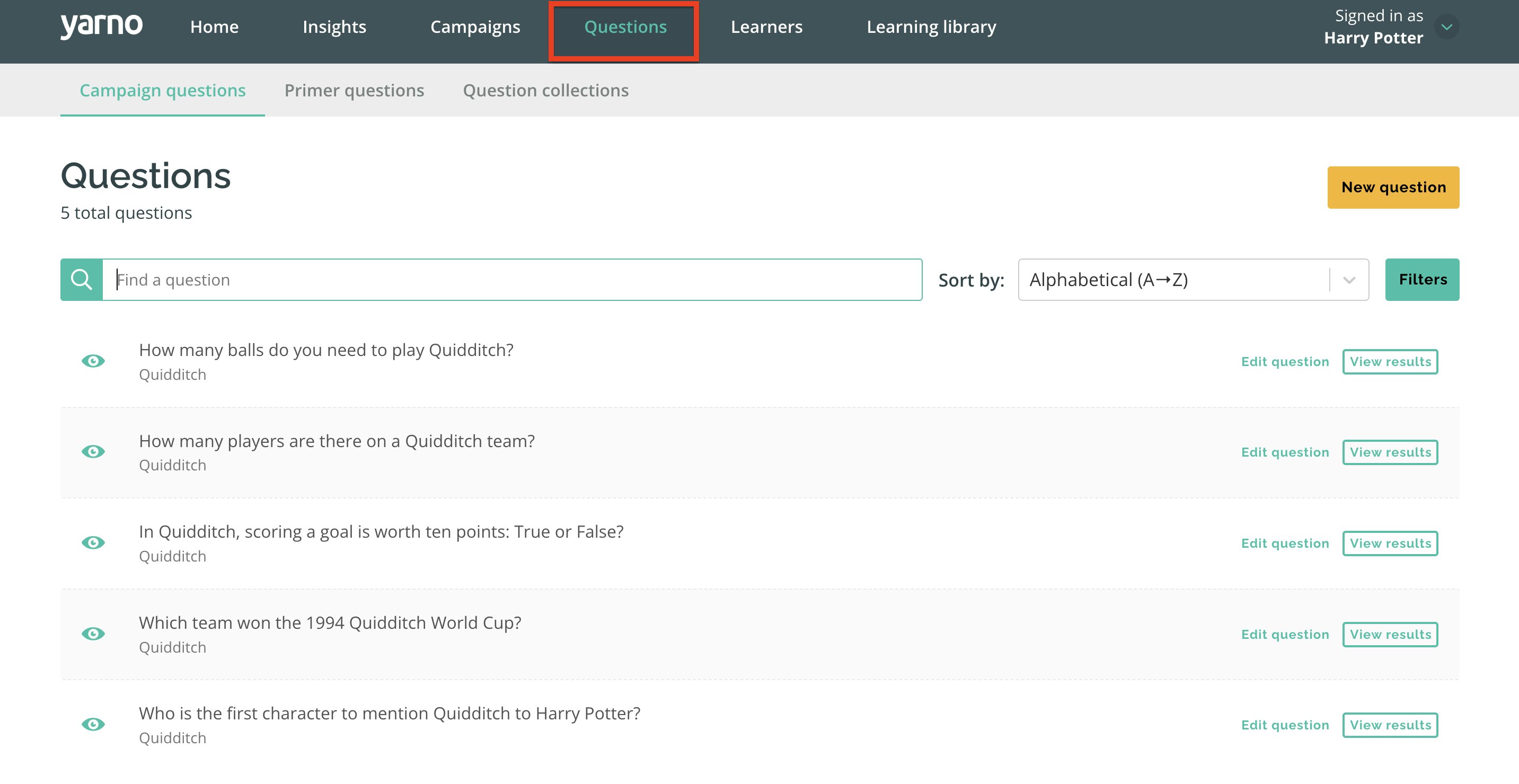 Questions page in Admin Portal