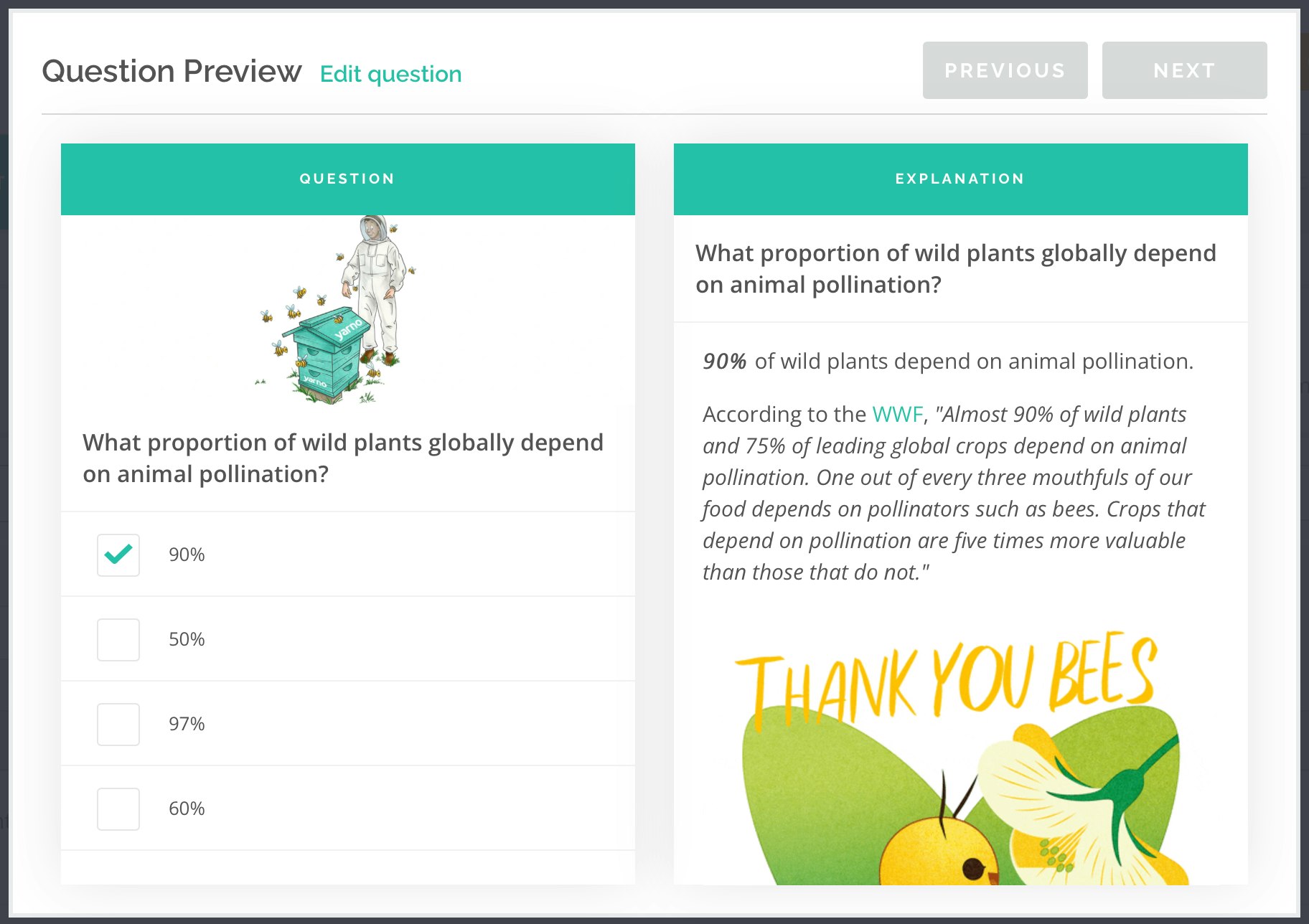 New feature: question preview. A preview of a Rooftop Bees question and explanation side by side.