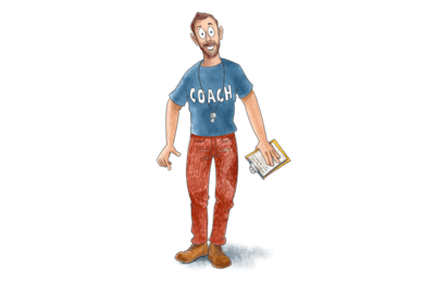 Custom illustration of Lachy wearing a t-shirt that says 'Coach'