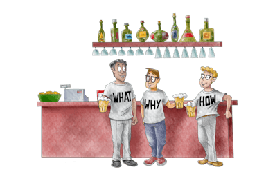 3 people wearing t-shirts saying 'What', 'why', and 'how' standing having a drink