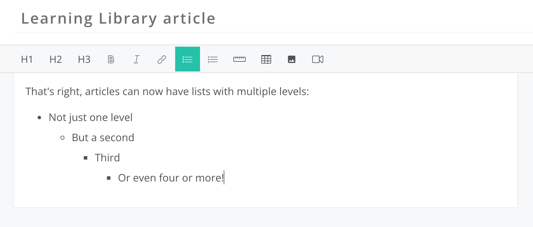 A nested list inside a learning library article edit screen