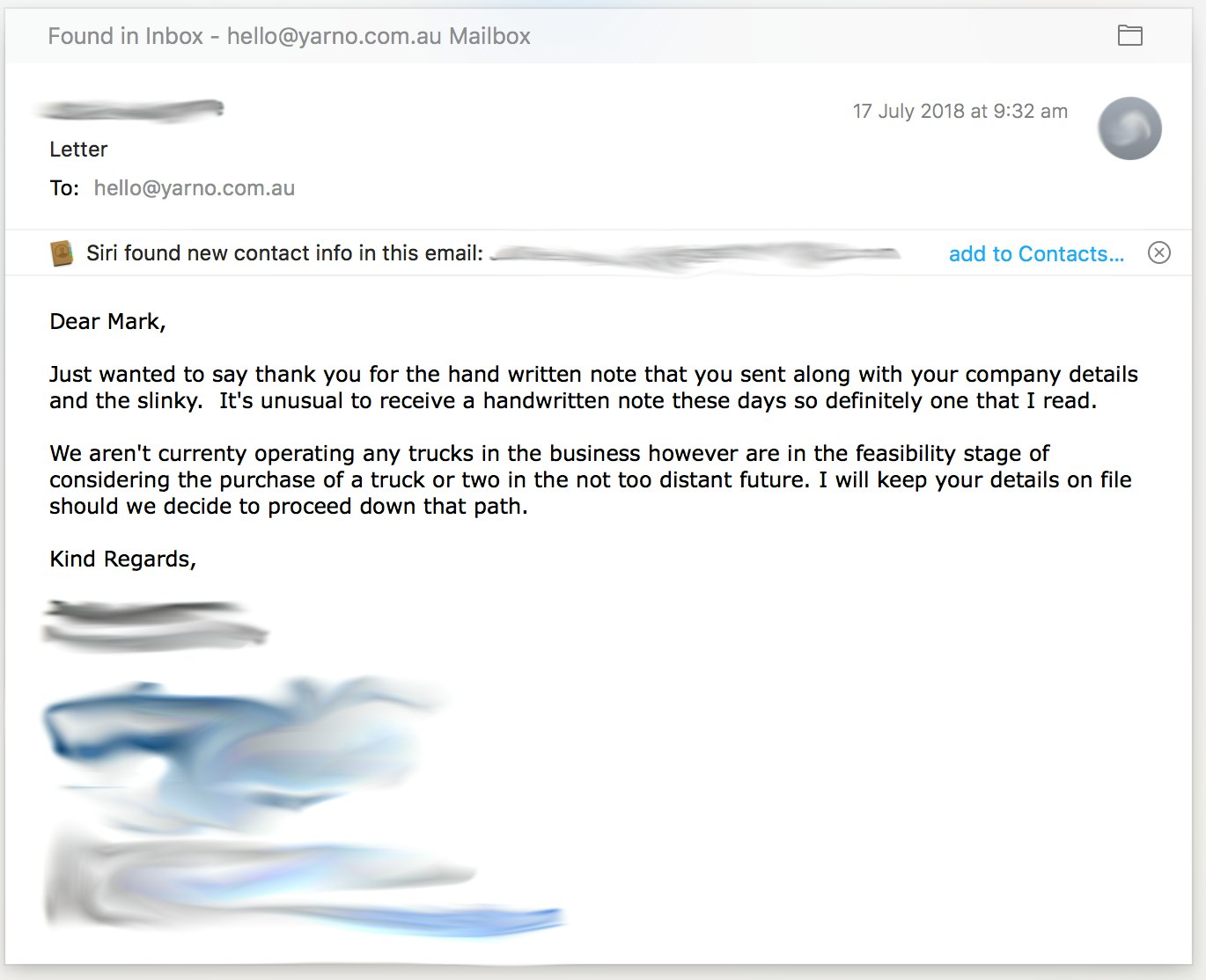 Email to Yarno with personal details rubbed out