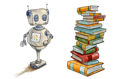 AI robot and stack of books