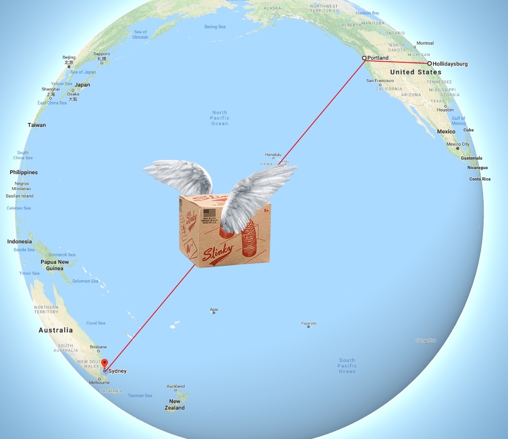A visual of the journey of the slinkies across the globe