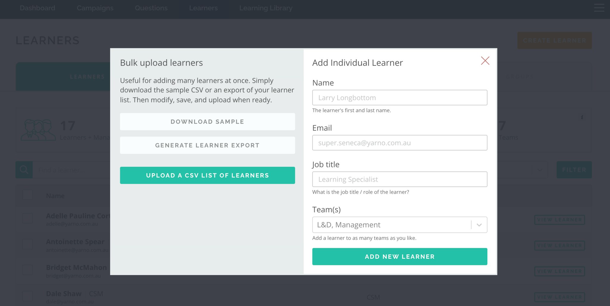Form for creating a new learner