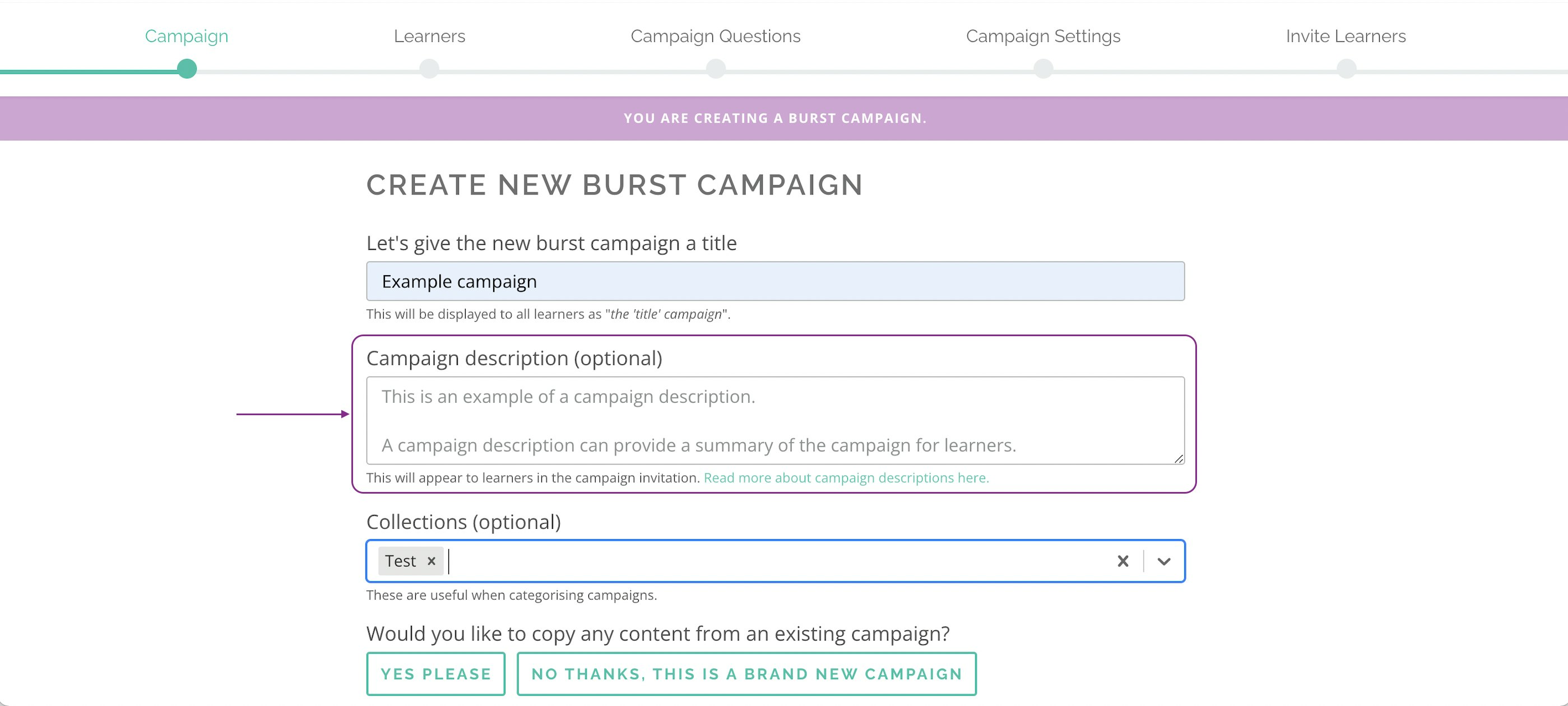 Screenshot of campaign creation flow