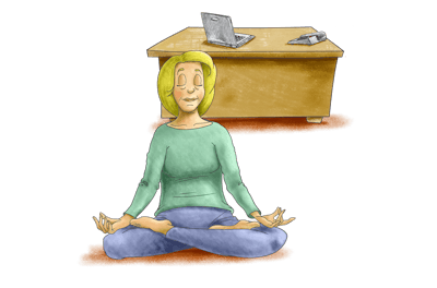Illustration of a lady sitting crossed legged on the floor in a yoga pose, with her work desk in the background