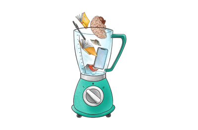 A blender containing different learning methods: pencils, phones, books.