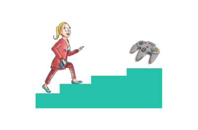 Women walking up stairs towards a Nintendo controller