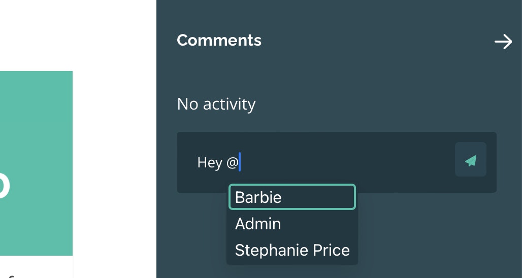 Comments window with @ tag list visible