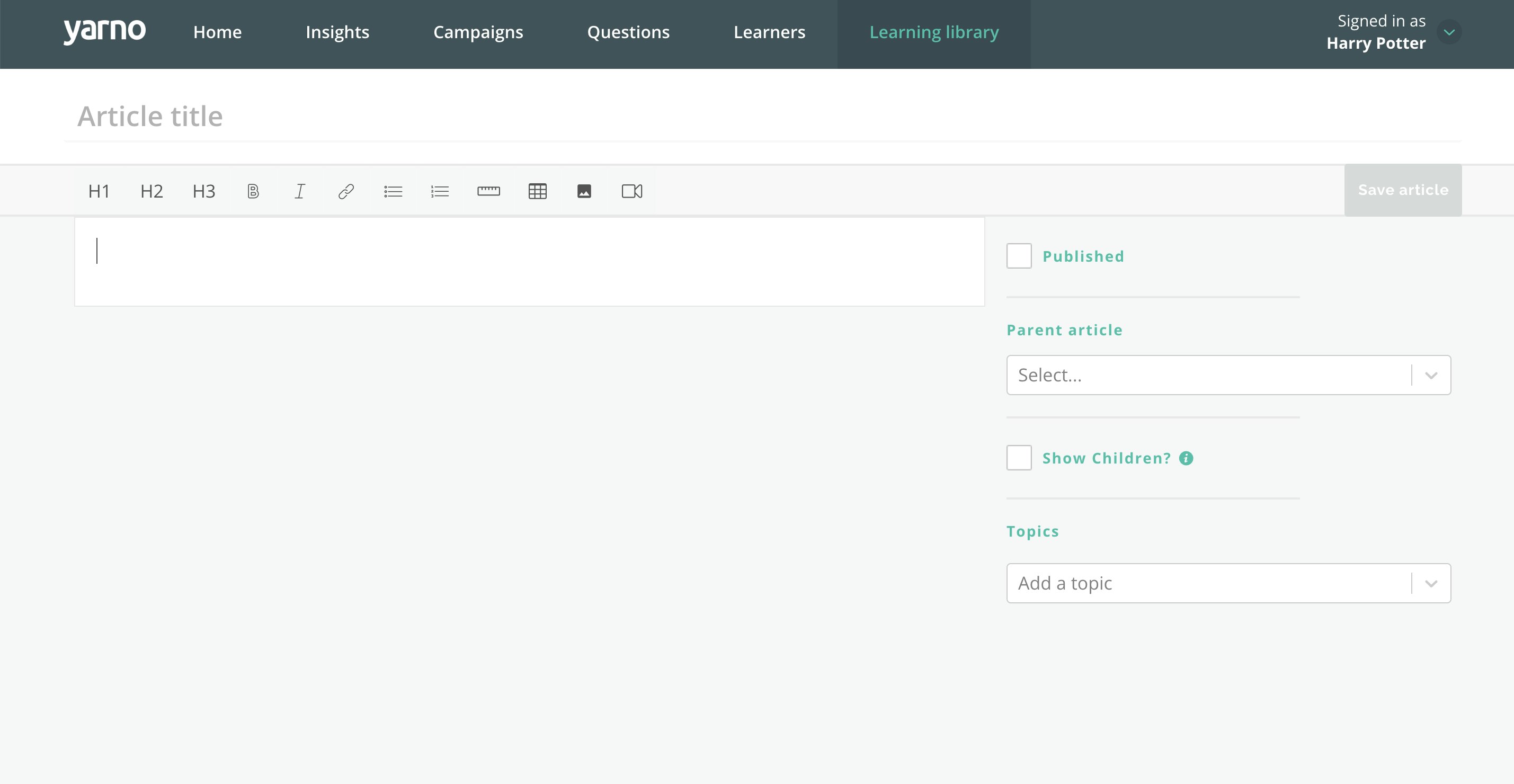 Screenshot of Learning Library Article edit view