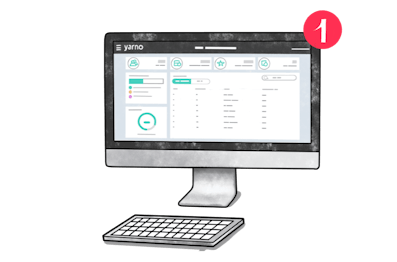 A computer showing the Yarno dashboard with a notification symbol in the top right corner