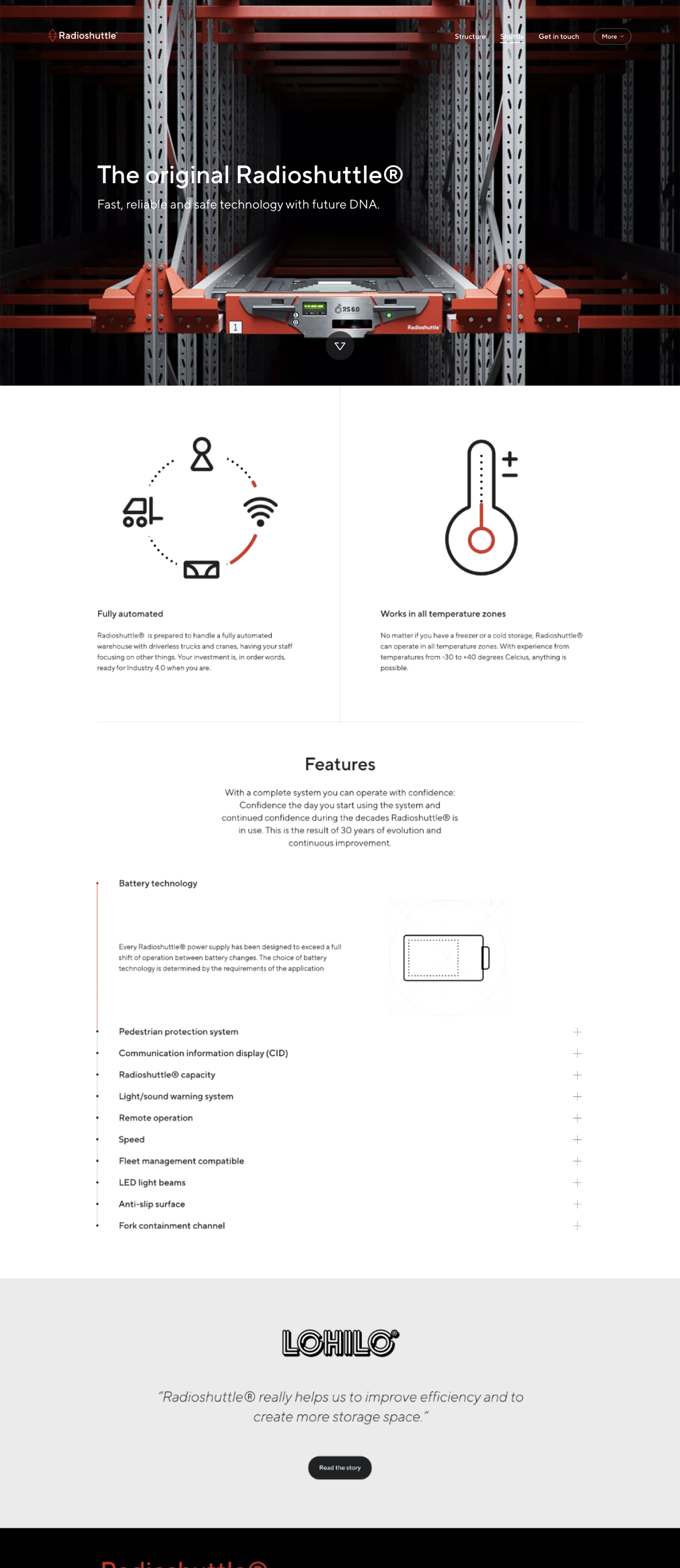 Radioshuttle website product page top half