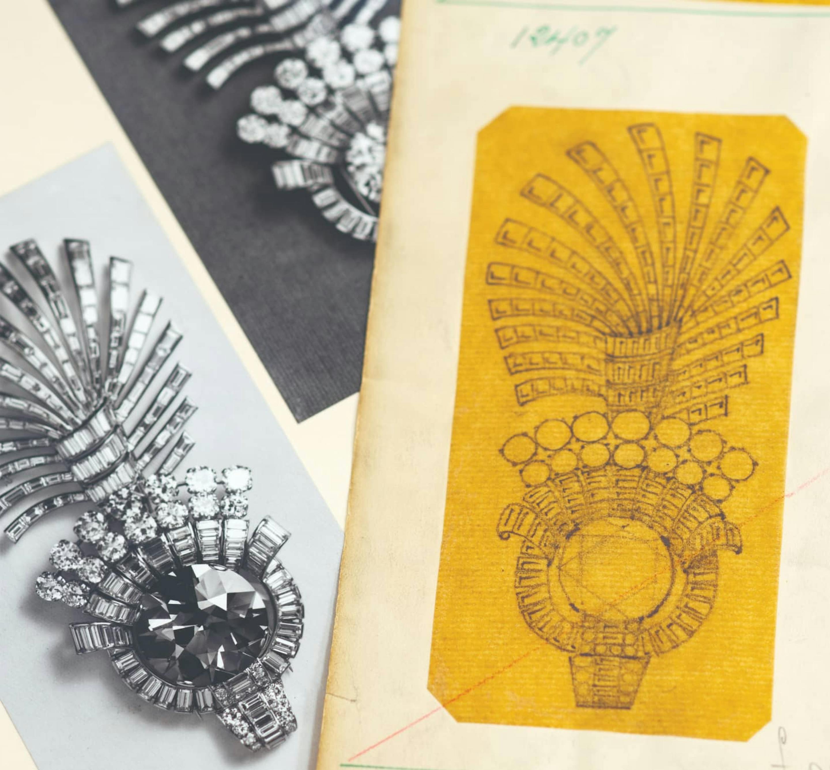 长柄胸针,卡地亚伦敦,1924年。铂金,白金,钻石,祖母绿