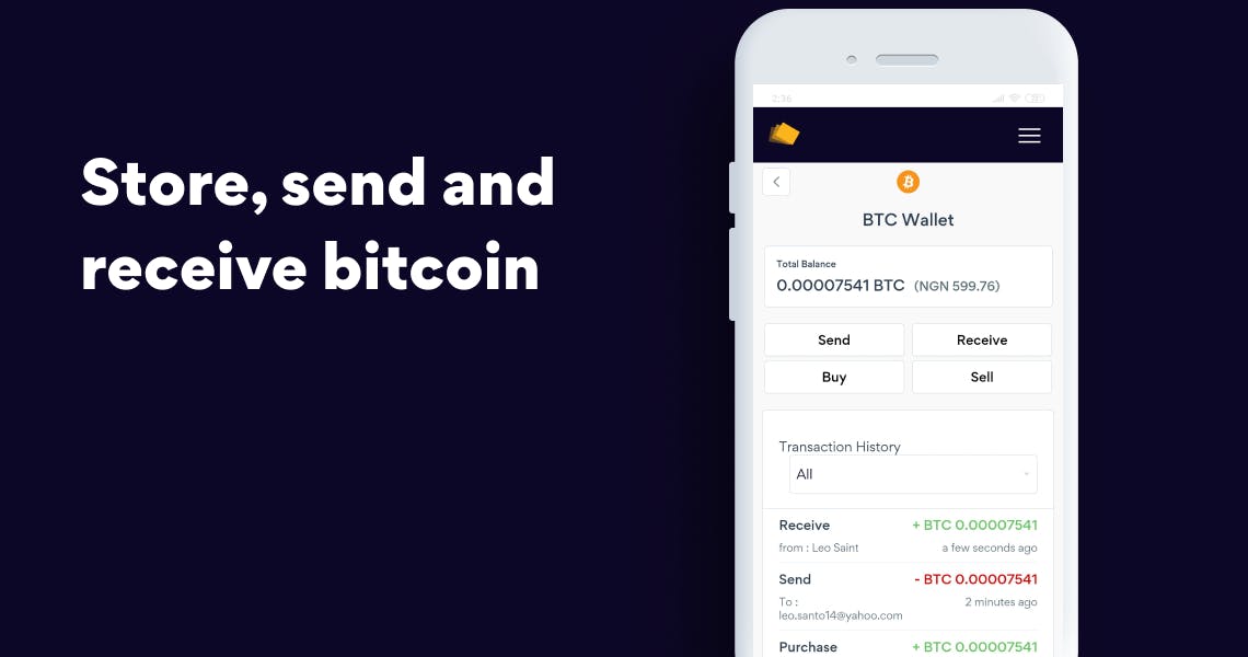 store, send and receive bitcoin with Yellow Card wallet