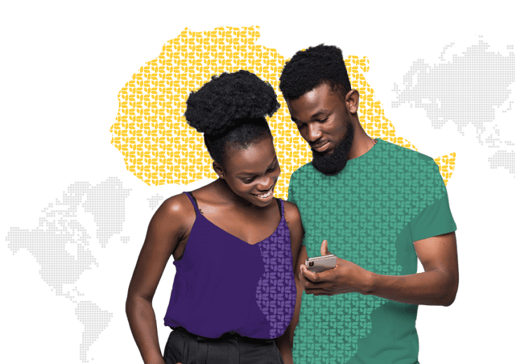Yellow Card hero image: man in green shirt and woman in purple top. Map of Africa in the background