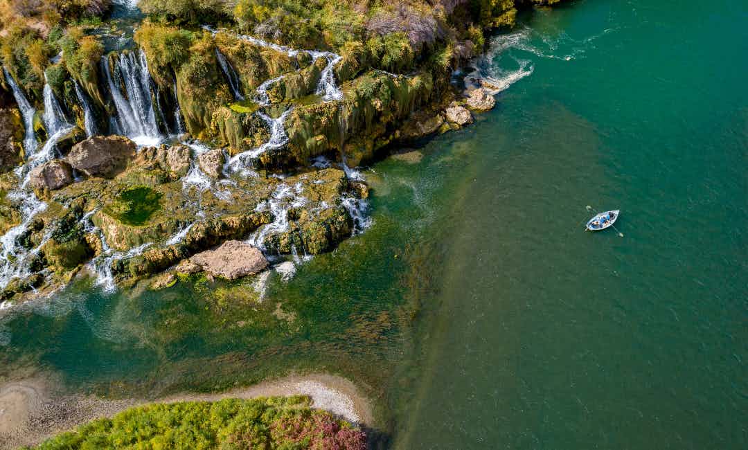 Aerial view of Fall Creek Falls from the South Fork of the Snake River, in Eastern Idaho, a part of Yellowstone Teton Territory.