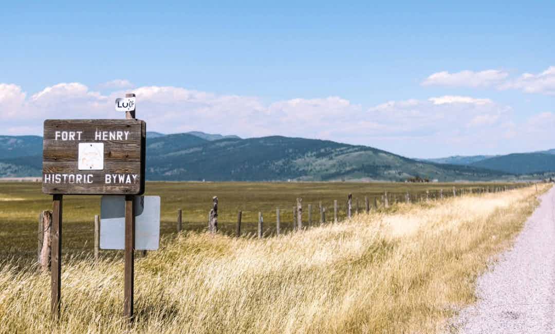 Fort Henry Historic Byway wooden marker in Clark County, ID.