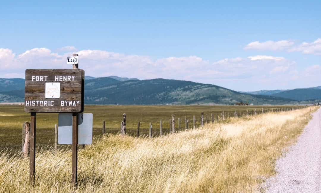 Fort Henry Historic Byway wooden marker in Clark County, ID.