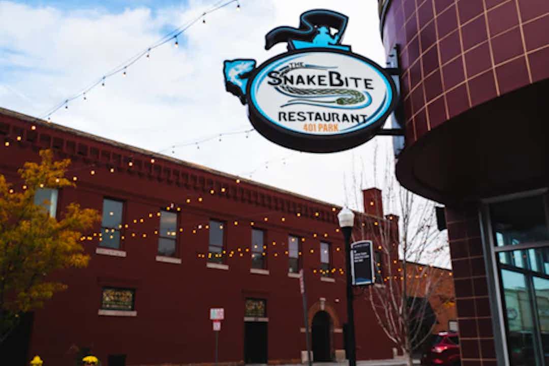 Exterior view of the Snakebite Restaurant in Idaho Falls, Idaho, located in the middle of the Yellowstone Teton Territory