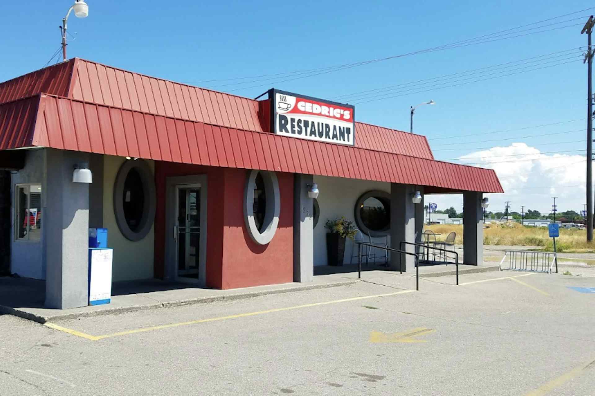 Sunny day outside of Cedric's Family Restaurant in Idaho Falls, Idaho of the Yellowstone Teton Territory. 