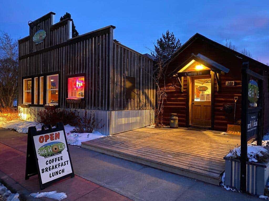 Exterior of Big Hole Bagel and Bistro in Driggs Idaho, part of Teton Valley within the Yellowstone Teton Territory.
