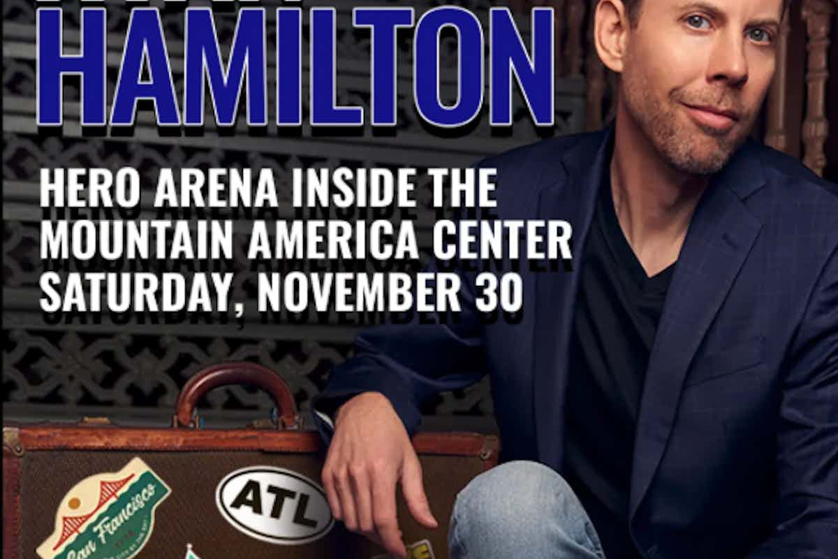 Poster of Ryan Hamilton for his comedy show at Mountain America Center in Idaho Falls.