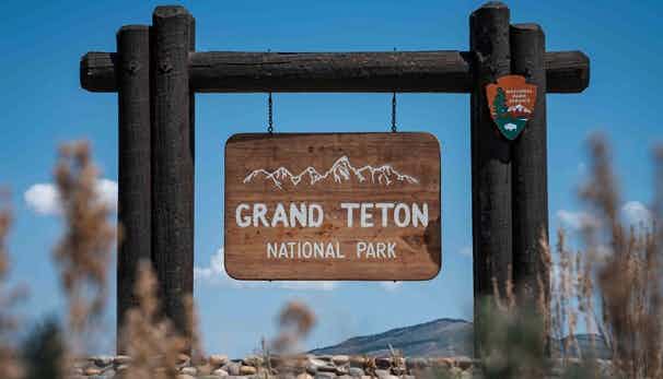 Sign at Grand Teton National Park in Yellowstone Teton Territory in the Spring.
