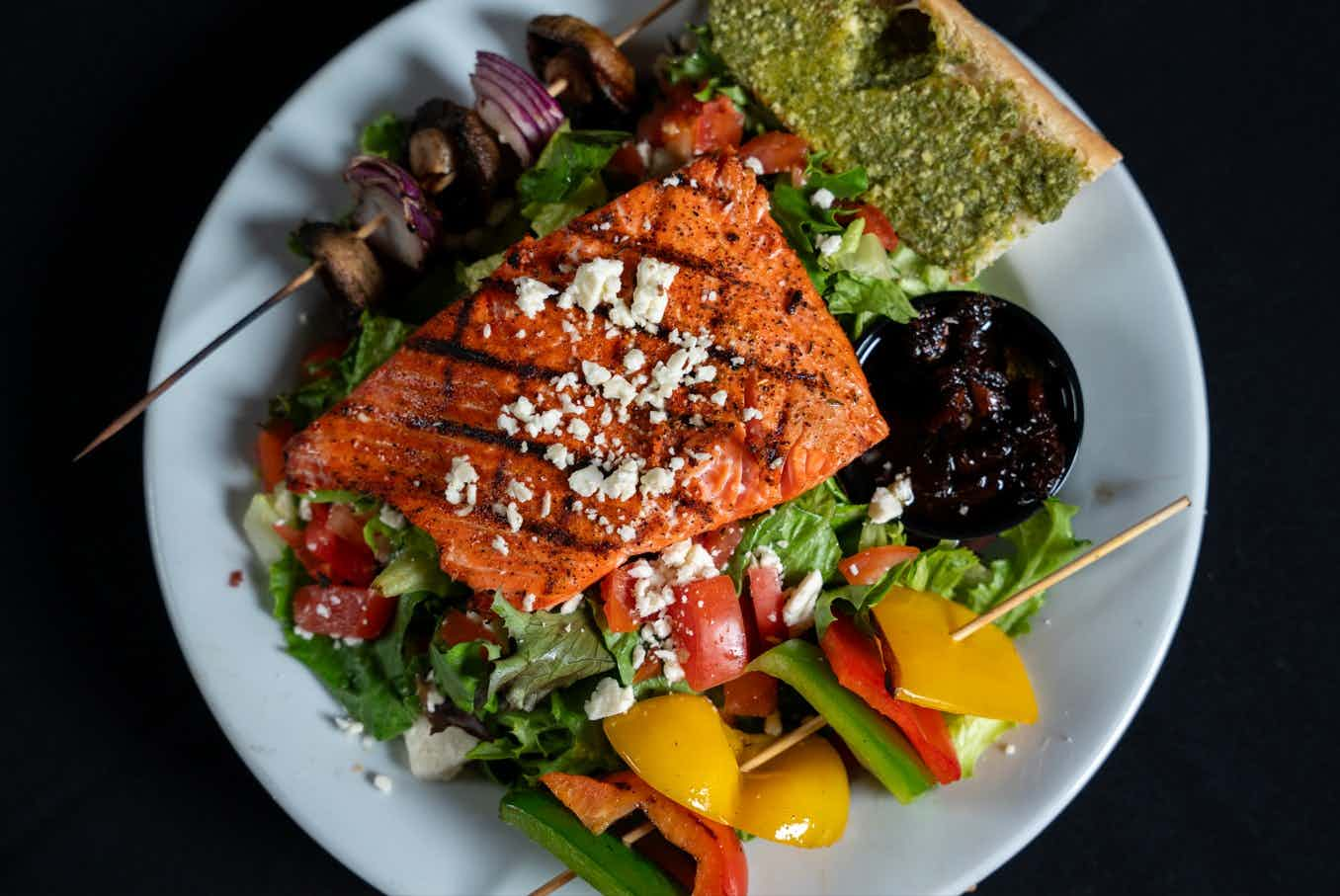 Blackened salmon salad, served at the Snakebite Restaurant in historic Idaho Falls of the Yellowstone Teton Territory