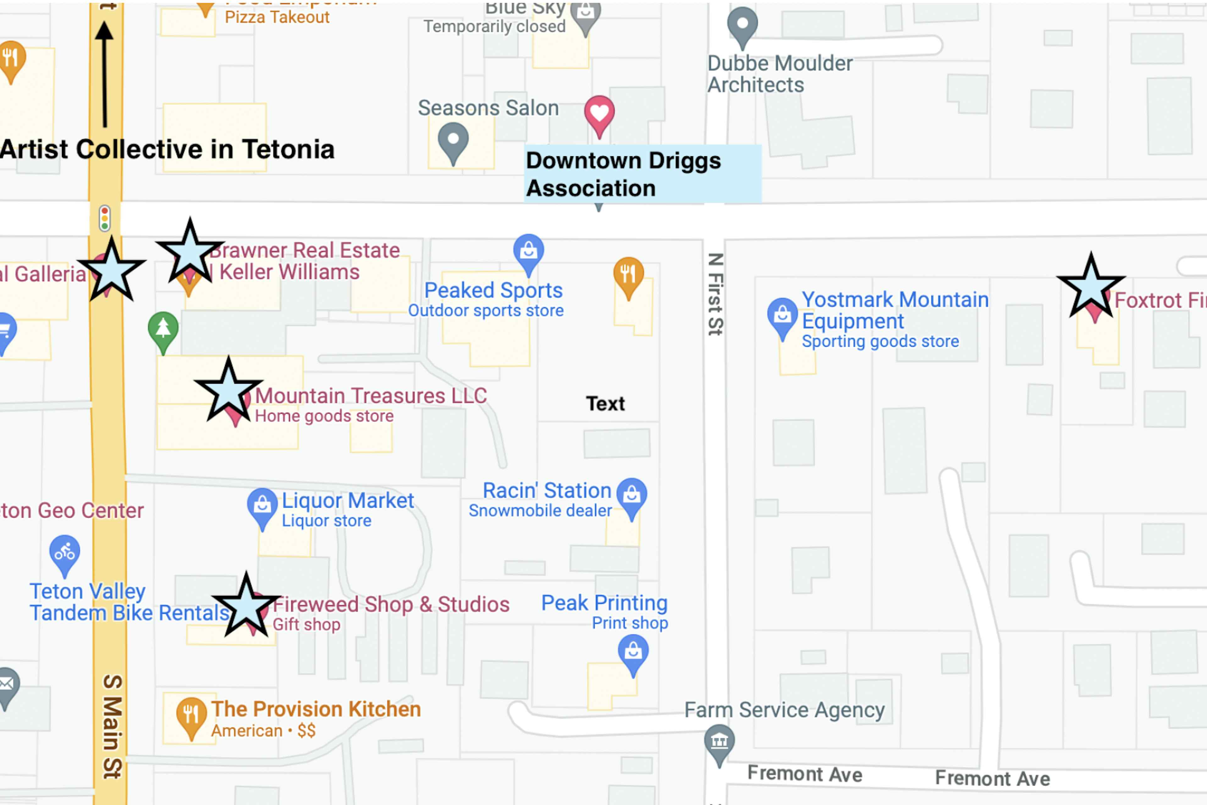 MAP OF FIRST FRIDAY ART WALKS IN DRIGGS ID IN YELLOWSTONE TETON TERRITITORY