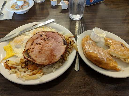 Delicious ham, eggs and hashbrowns courtesy of Cedric's Family Restaurant of the Yellowstone Teton Territory.