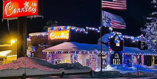 Connie's restaurant all lit up for the holidays, giving cheer to the Island Park and the Yellowstone Teton Territory