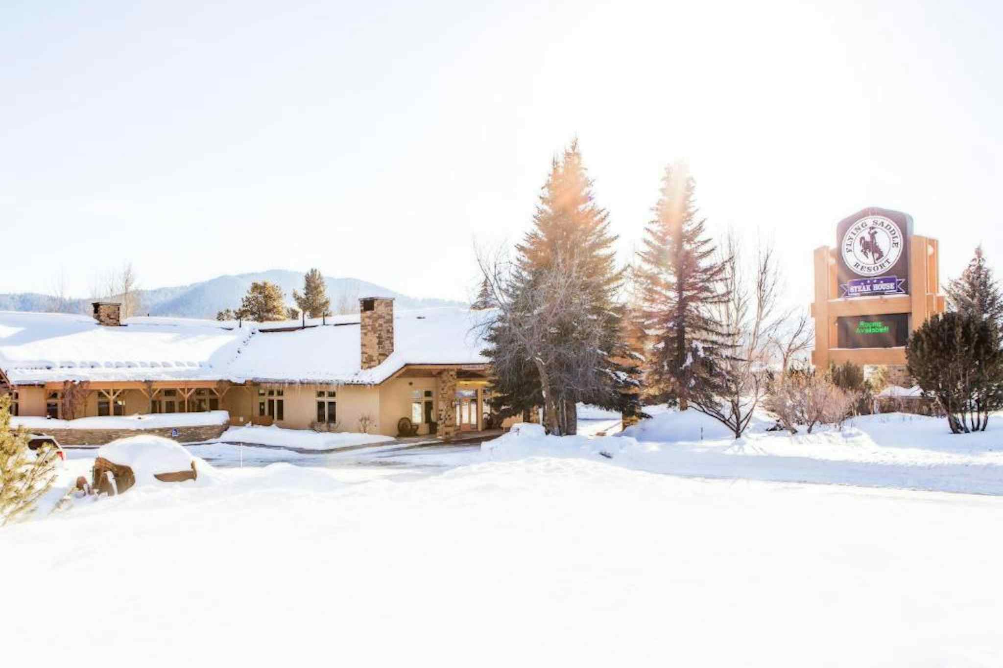 The Flying Saddle Resort of Alpine, Wyoming and in the Yellowstone Teton Territory covered in snow during the Winter months.