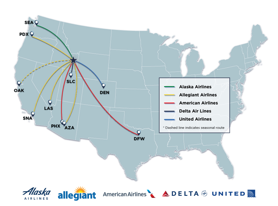 map of Idaho Falls Regional Airport flight routes in North America.