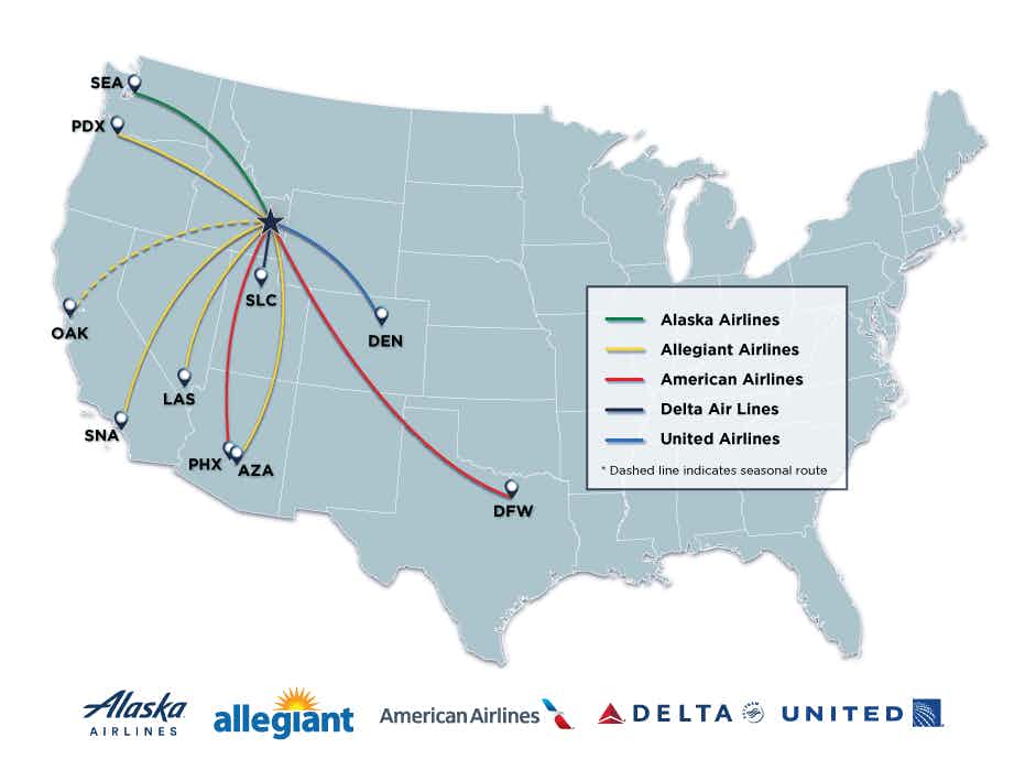 map of Idaho Falls Regional Airport flight routes in North America.