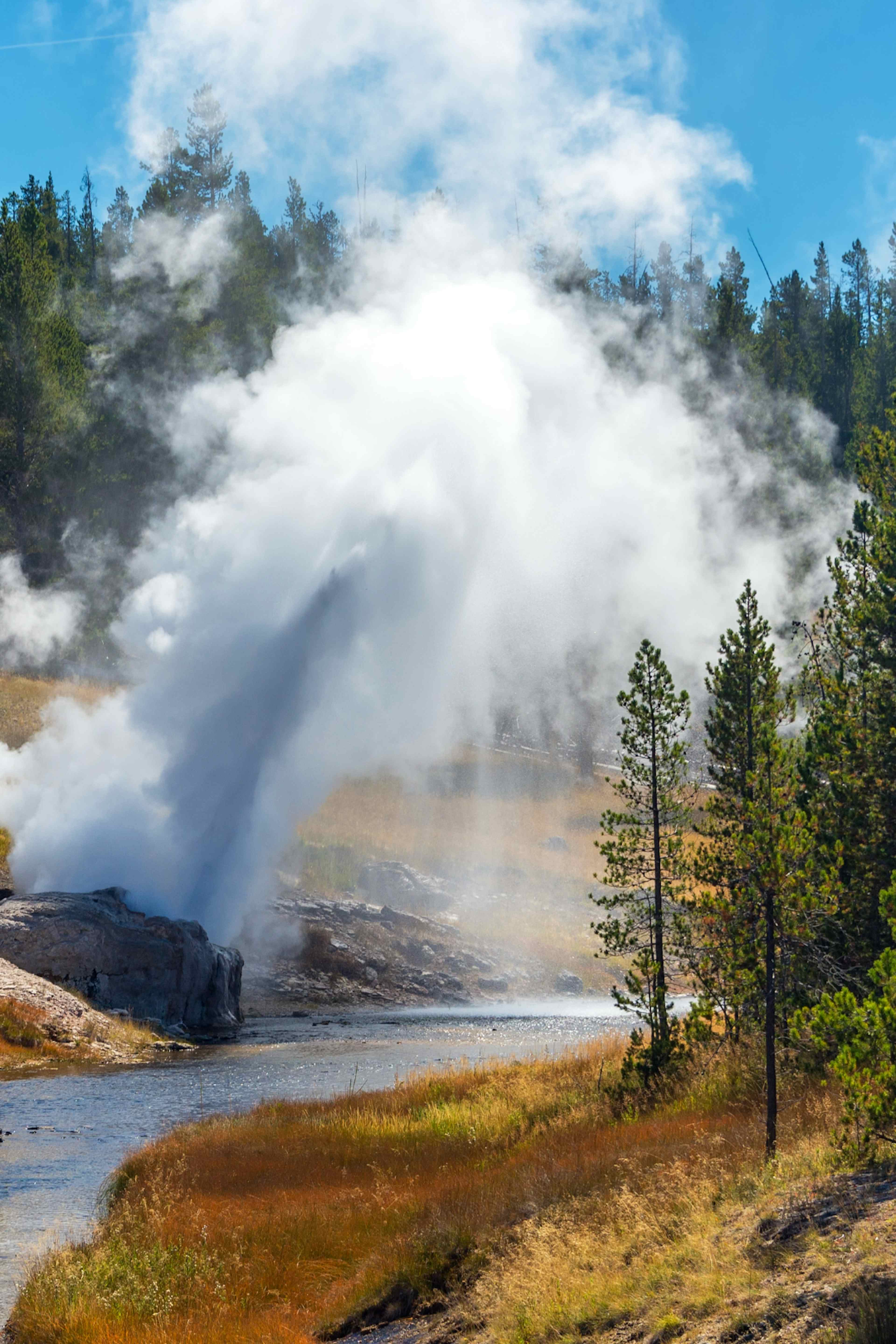 A geothermal feature spews steam at Grand Prismatic Pond in Yellowstone National Park.