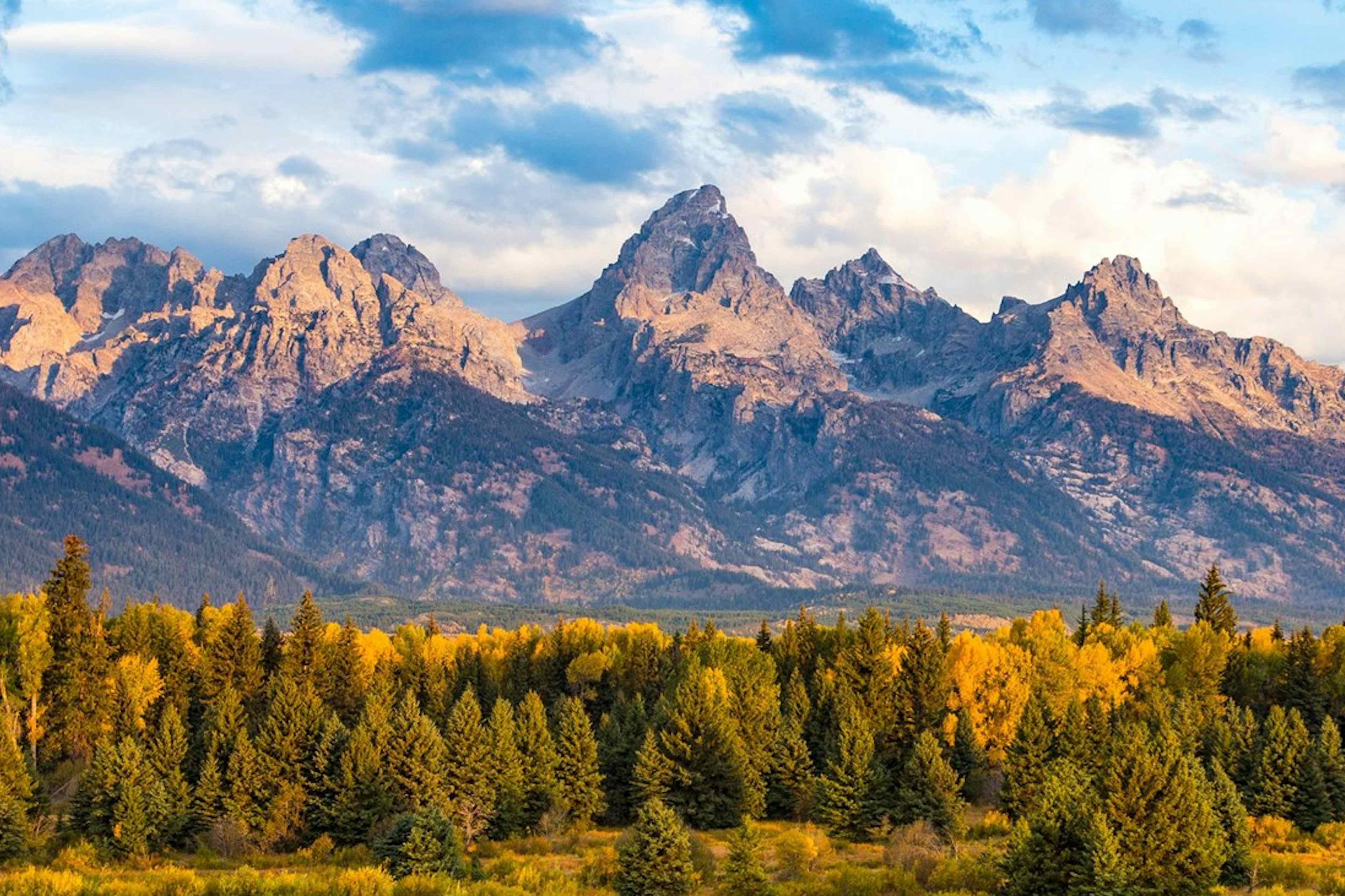 View of the Teton Mountain Range in Grand Teton National Park in Spring, a part of Yellowstone Teton Territory.