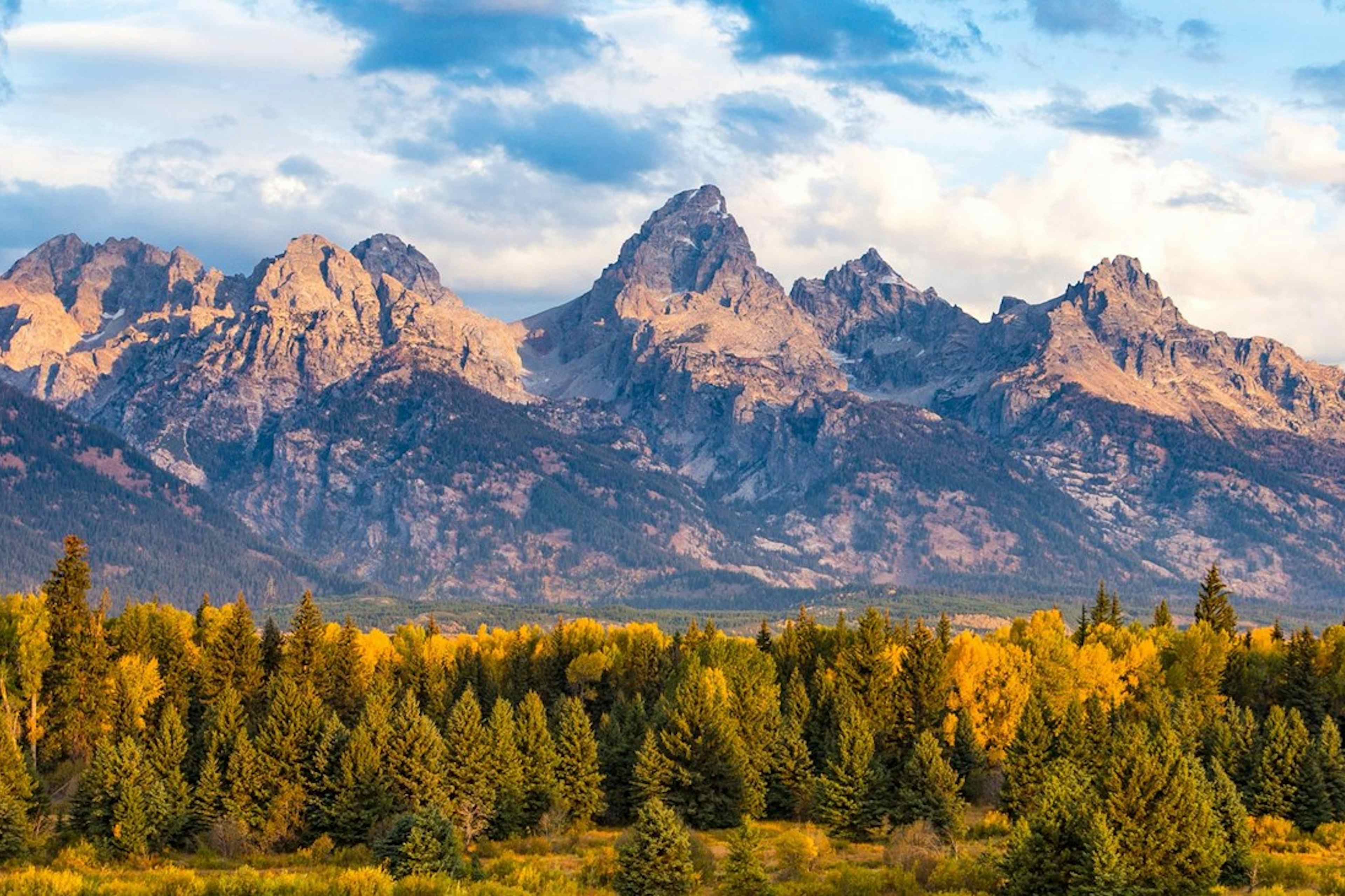 View of the Teton Mountain Range in Grand Teton National Park in Spring, a part of Yellowstone Teton Territory.