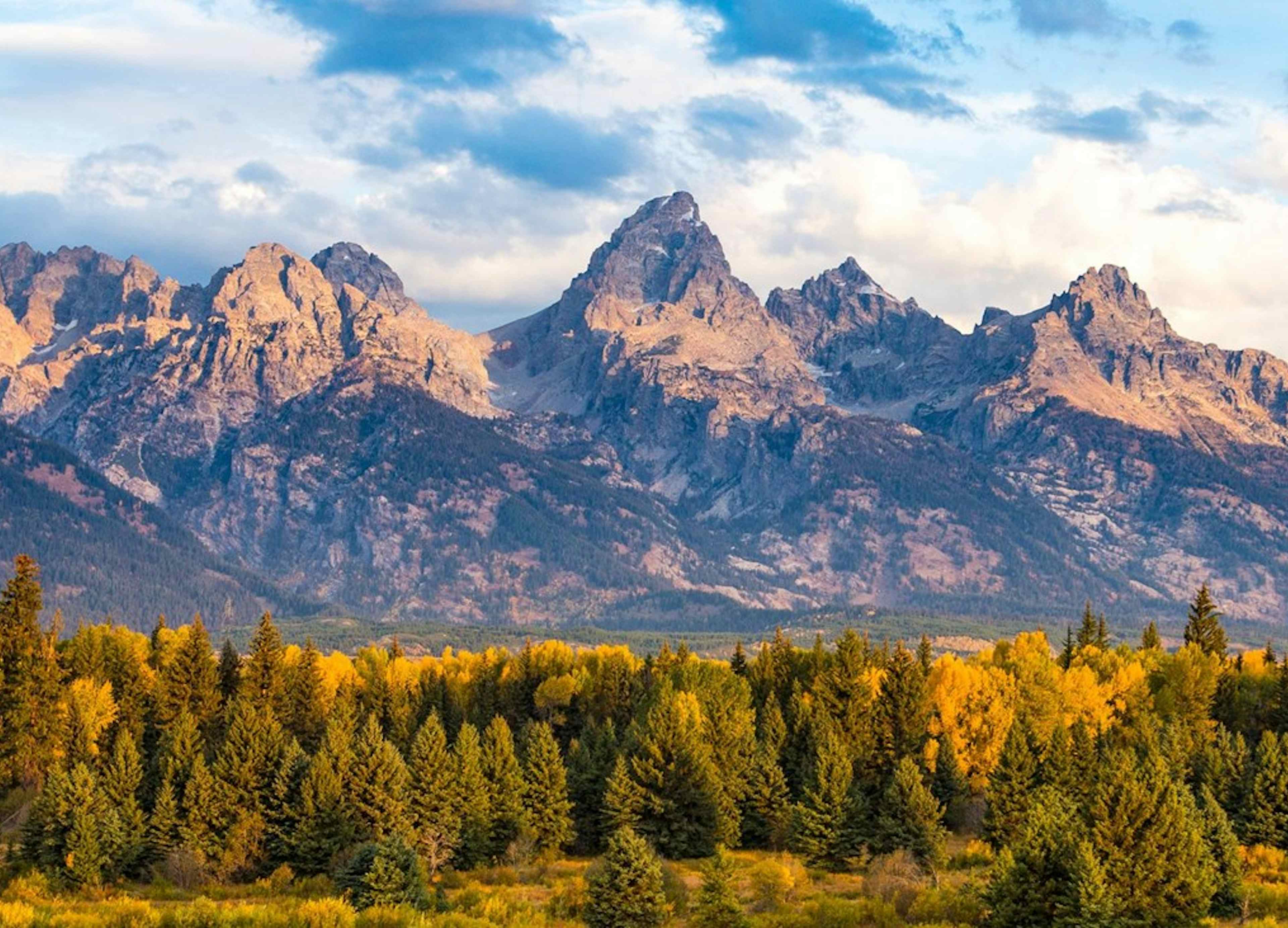 View of the Teton Mountain Range in Grand Teton National Park in Spring, a part of Yellowstone Teton Territory.