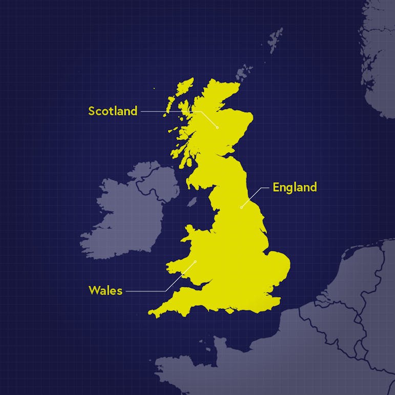 Map of the UK with England, Wales, and Scotland highlighted.