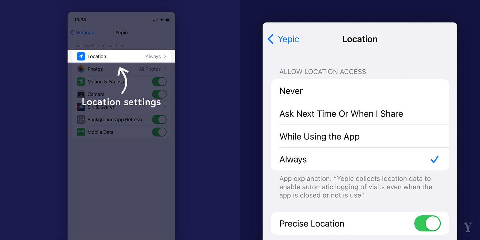 Instructions on changing location permissions on phone.
