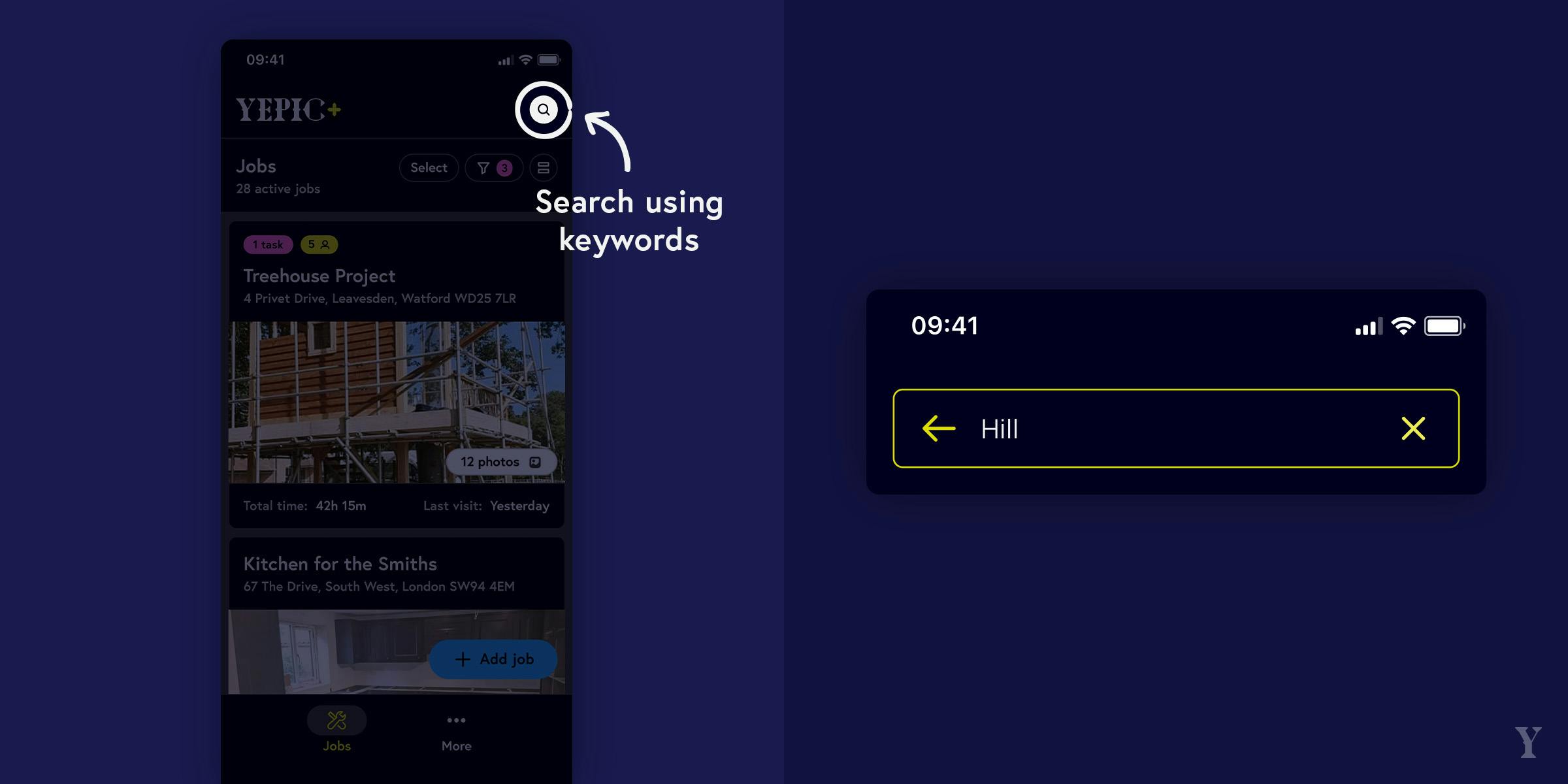 'Search' icon in app highlighted.