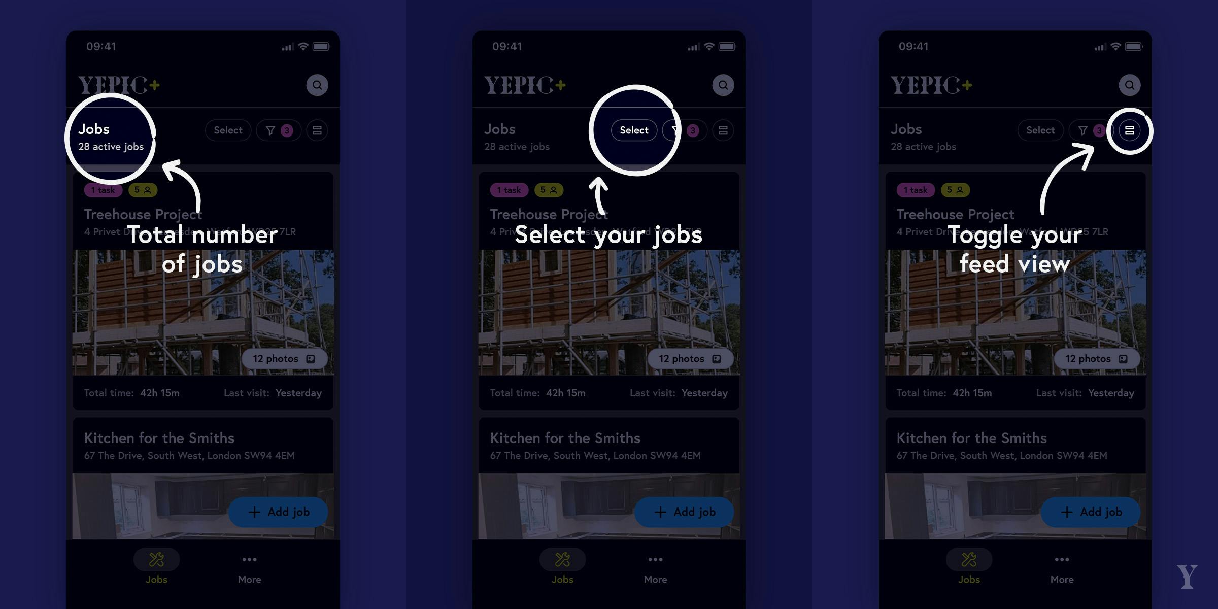 Icons in app highlighted, including 'number of jobs', 'select', and 'toggle'.