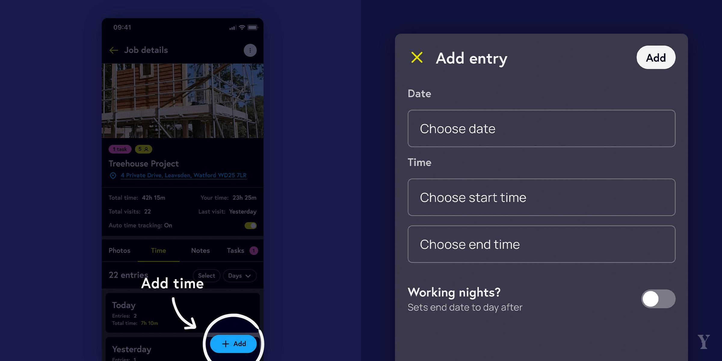 Instructions on how to add new time entries to a job.