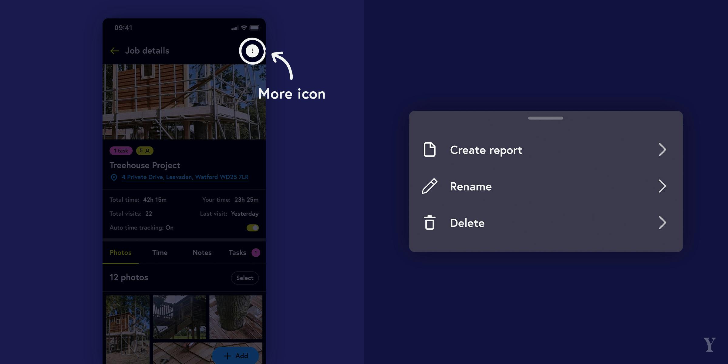 'More' icon inside job details highlighted.