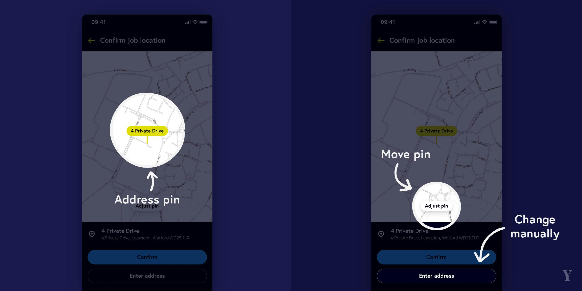 Location pin and 'adjust' option highlighted in app.